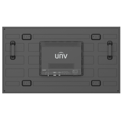 Parte traseira de um monitor cinza escuro com marca UNV e várias portas de conexão.
