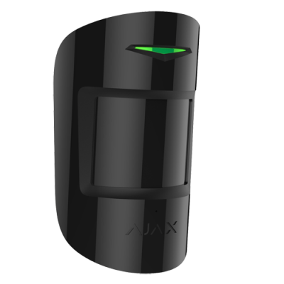 Sensor de movimento preto com indicador LED verde e inscrição AJAX