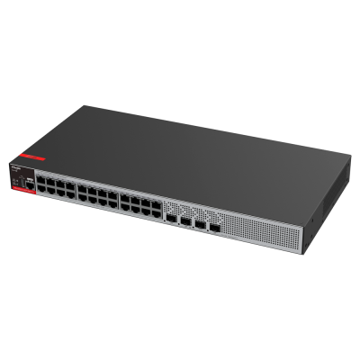 Switch de rede preto com 24 portas Ethernet e 4 portas SFP