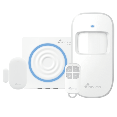 Sistema de alarme branco com sensor, central, interruptor e comando remoto com botão SOS.