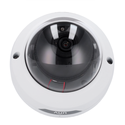 Câmara de segurança dome branca com cúpula transparente e texto unv na base.
