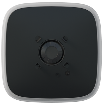 Dispositivo electrónico quadrado preto com bordas brancas e botão central.