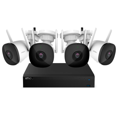 Conjunto de câmaras de segurança brancas com gravador digital preto