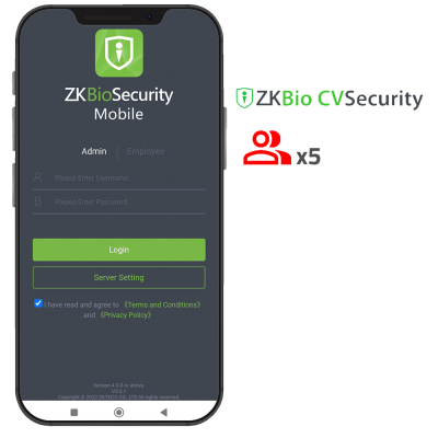 Ecrã de smartphone com aplicação ZKBioSecurity Mobile e ícones de segurança