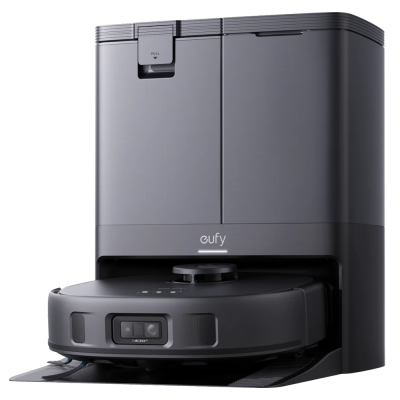 Aspirador robô eufy preto com base de carregamento cinza escuro