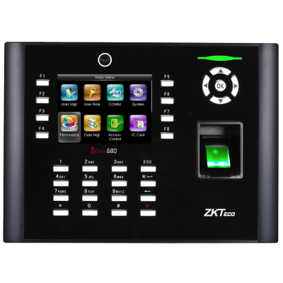 Dispositivo eletrónico para controlo de acessos com ecrã colorido e sensor biométrico verde.