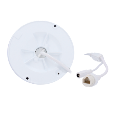 Dispositivo branco redondo com cabos e conectores sobre fundo branco