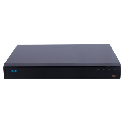 Aparelho eletrônico preto com logótipo azul, indicadores LED e porta USB.