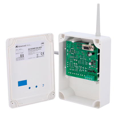 Módulo expansor wireless Advanced aberto com placa eletrónica e antena branca