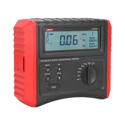 Testador de resistência à terra digital preto e vermelho com ecrã LCD
