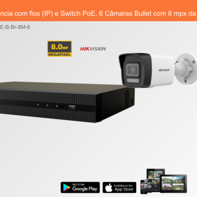 Sistema de videovigilância Hikvision com gravador digital preto e câmara Bullet branca