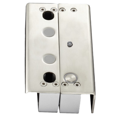 Fechadura metálica dupla prateada com orifícios e parafusos