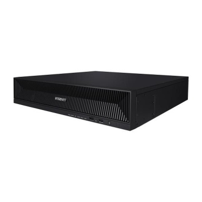 Aparelho eletrónico preto WISENET com portas USB em fundo branco