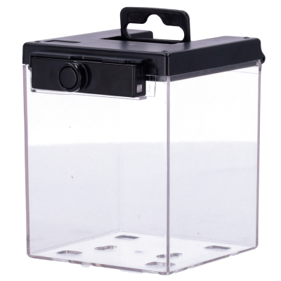 Caixa transparente com tampa preta e bloqueio