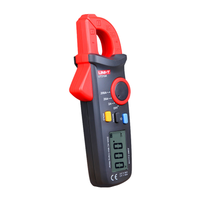 Multímetro digital pinça preto e vermelho UNI-T UT210A com ecrã LCD e botões coloridos
