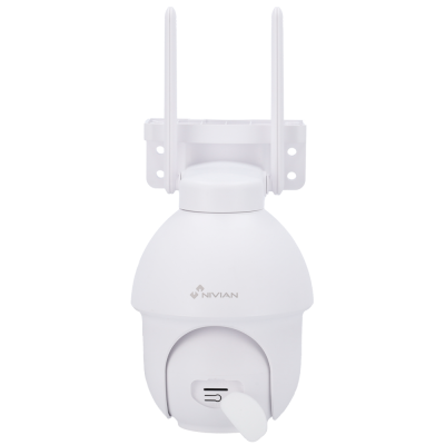 Câmara de segurança branca NIVIAN com antenas e suporte.