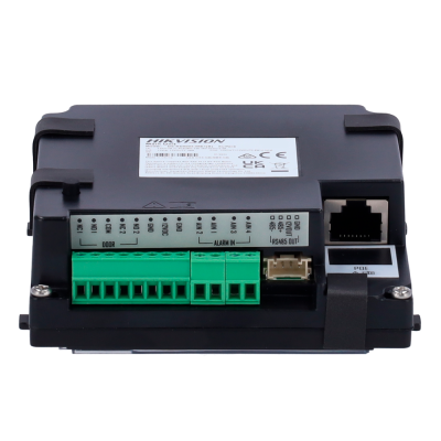 Módulo eletrónico preto com conectores verdes e porta RJ45