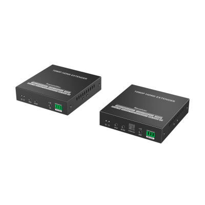 Conjunto de extensor HDMI preto com transmissor e receptor e várias conexões