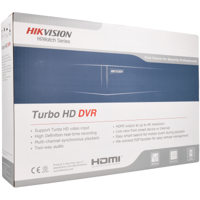 Embalagem branca e azul de equipamento Hikvision Turbo HD DVR com texto explicativo das funcionalidades