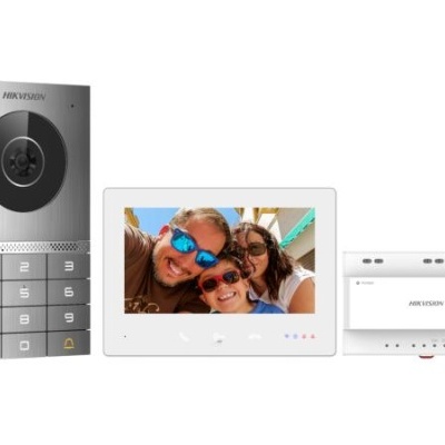Conjunto de vídeo porteiro Hikvision com câmara, ecrã tátil e unidade base branca