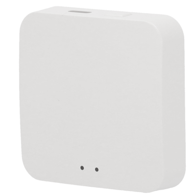 Dispositivo eletrónico branco com luzes indicadoras e aberturas no topo