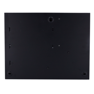 Parte traseira preta de objeto retangular com suportes para fixação