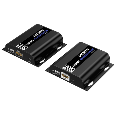 Extensor HDMI 4K 60Hz transmissor e recetor preto com conectores e botões