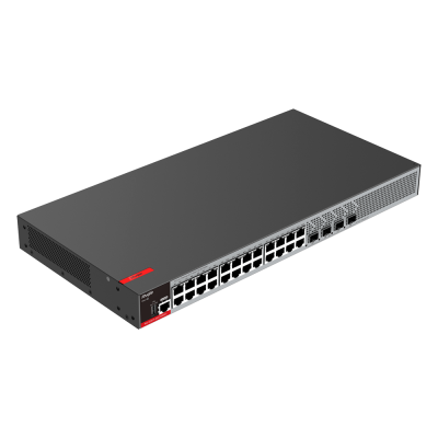 Switch de rede preto com múltiplas portas Ethernet e SFP