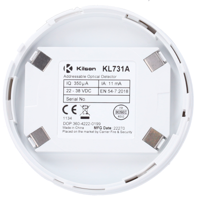 Detetor ótico branco Kilsen KL731A com etiqueta técnica e simbologia CE