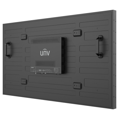 Painel eletrónico preto com alças laterais e componente central com o logótipo unv