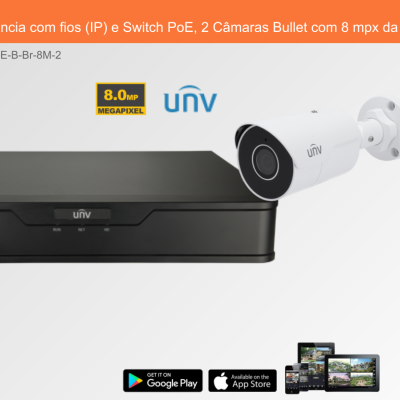 Sistema de videovigilância Uniview com gravador preto e câmara Bullet branca.