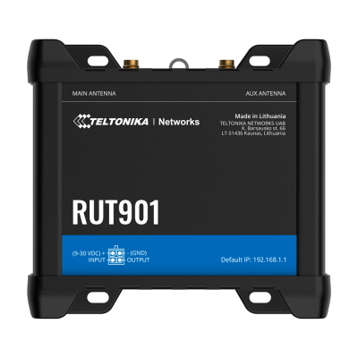Roteador Teltonika Networks RUT901 preto com detalhes azuis e brancos