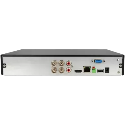 Dispositivo preto e prateado com diversas portas de conexão na traseira incluindo coaxiais, RCA, HDMI, Ethernet, VGA e USB.