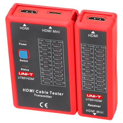 Dispositivo de teste de cabo HDMI vermelho com etiquetas e conectores HDMI e HDMI Mini