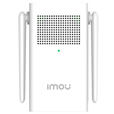 Dispositivo branco com antenas, orifícios pretos e verdes e logotipo imou