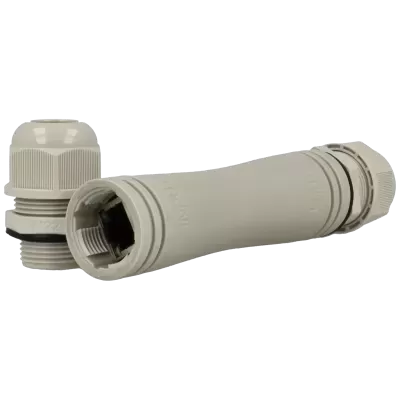 Conector industrial cinzento com roscas e tampa destacada