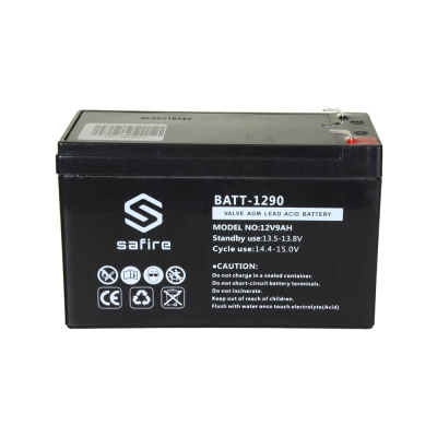 Bateria Safire BATT-1290 Valve AGM Lead Acid Battery preta com texto branco e símbolos