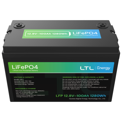 Bateria LiFePO4 preta com etiquetas verde e azul e texto técnico