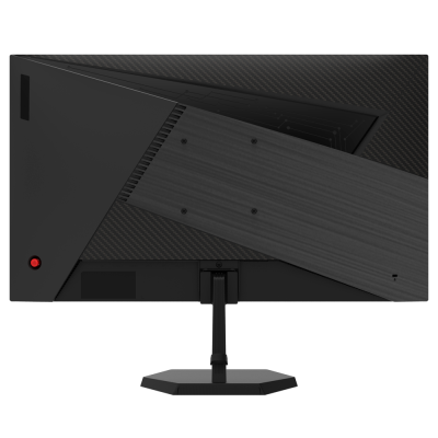Monitor de computador preto visto de trás com suporte ajustável e detalhe vermelho