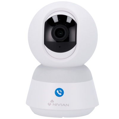 Câmera de vigilância branca com lente preta e logo NIVIAN