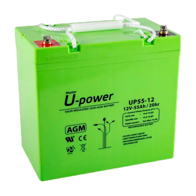 Bateria verde Master U-power UP55-12 com tampas vermelha e preta e cabo branco