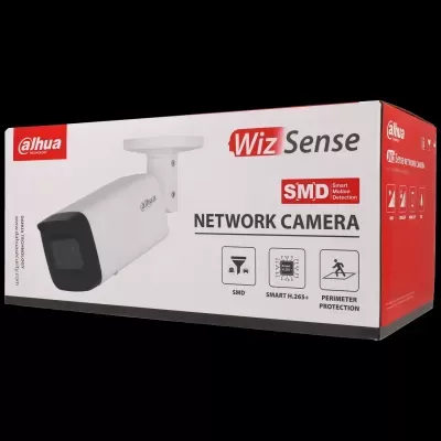 Embalagem de câmara de segurança Dahua WizSense branca com detalhes vermelhos
