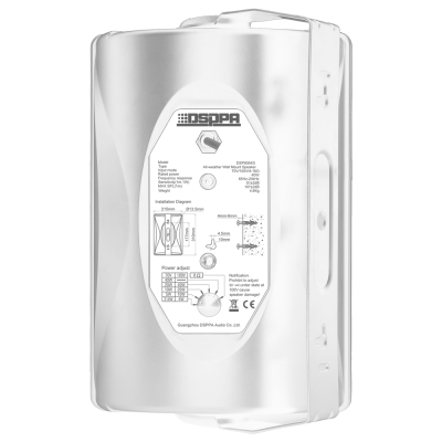 Altifalante DSPPA branco com etiqueta técnica e esquemas na parte frontal