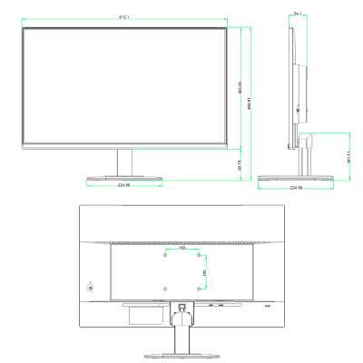 Desenho técnico de monitor LCD com medidas e design esquemático