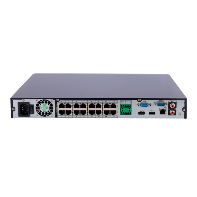 Vista traseira de dispositivo eletrônico preto com várias portas e conectores