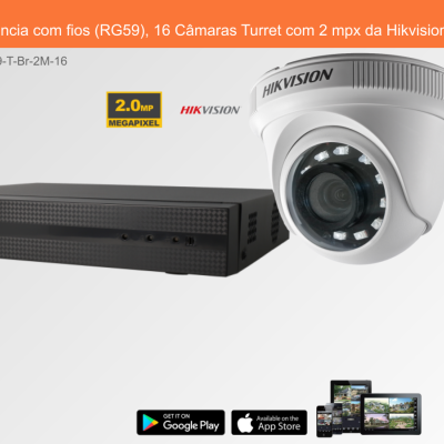 Sistema de videovigilância com gravador preto e câmara Turret branca sobre fundo branco
