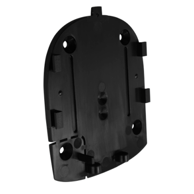 Peça de plástico preta arredondada com encaixes