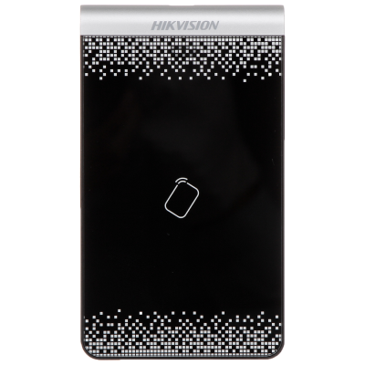 Leitor de cartões Hikvision preto com padrão de quadrados brancos
