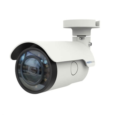 Câmara de vigilância branca com lente circular em vidro e proteção tipo viseira
