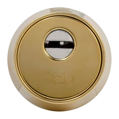 Fecho de porta metálico dourado redondo com nome Yale